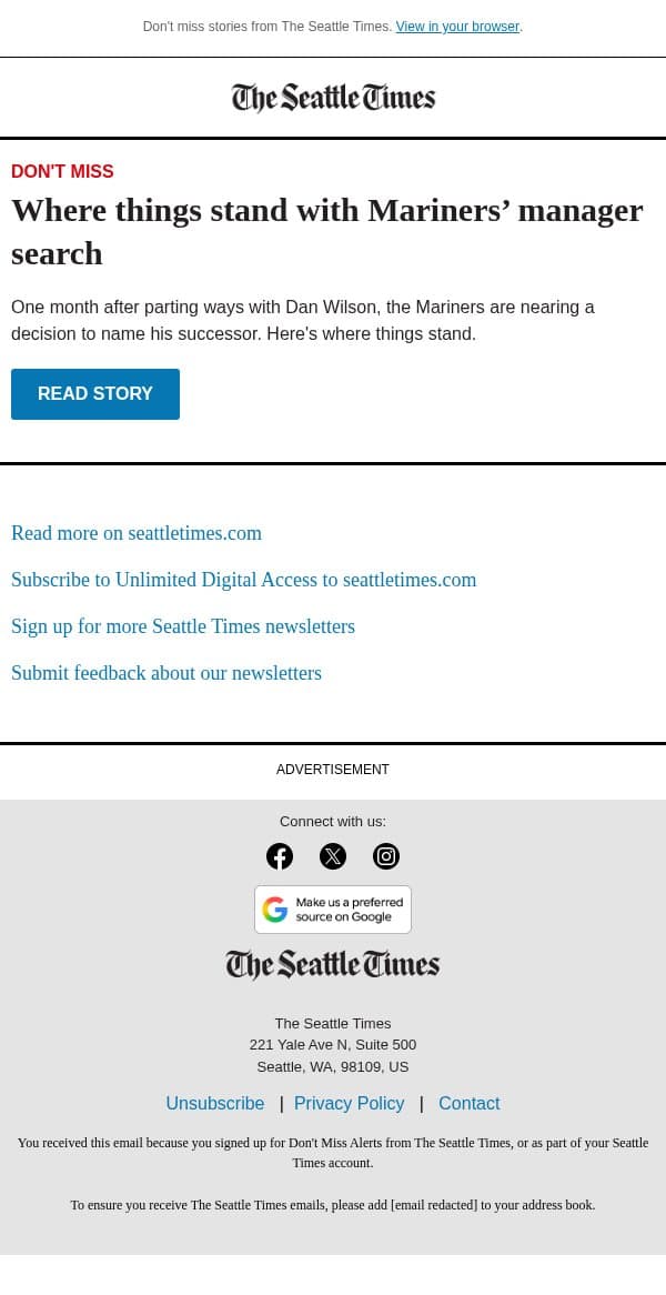 M's manager search down to 2 finalists email from The Seattle Times screenshot