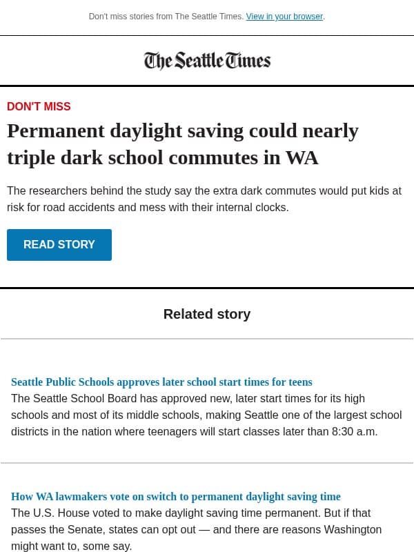 Permanent daylight saving could put kids at risk email from The Seattle Times