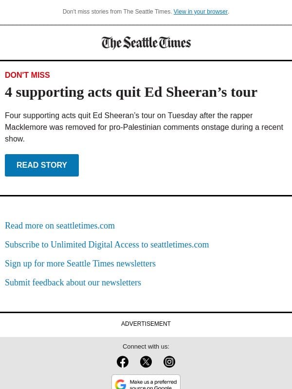 4 supporting acts quit Ed Sheeran’s tour email from The Seattle Times