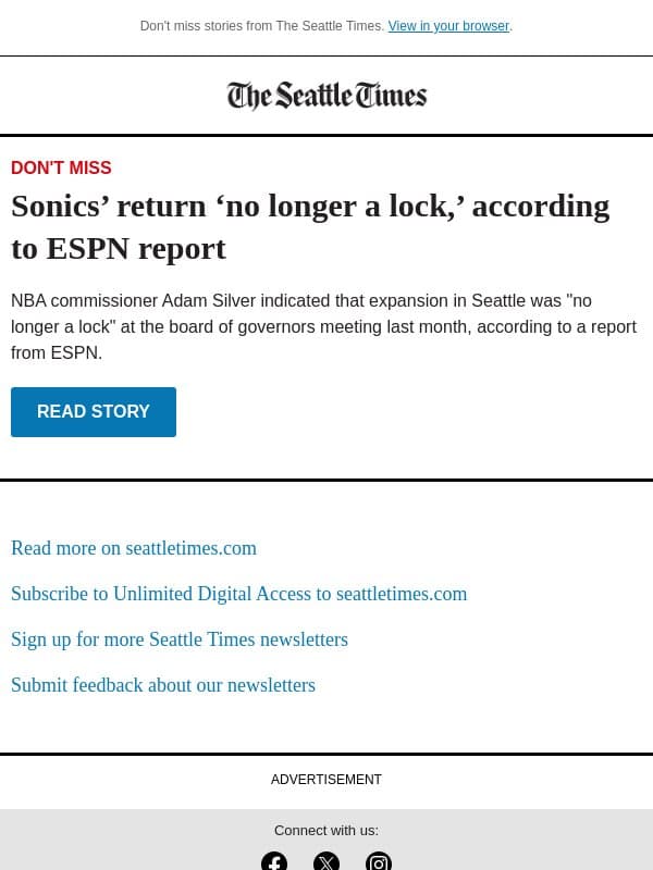 Sonics' return 'no longer a lock' email from The Seattle Times