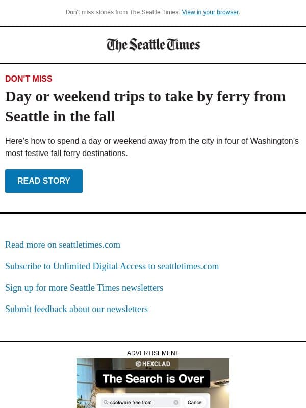 Trips to take by ferry in the fall email from The Seattle Times