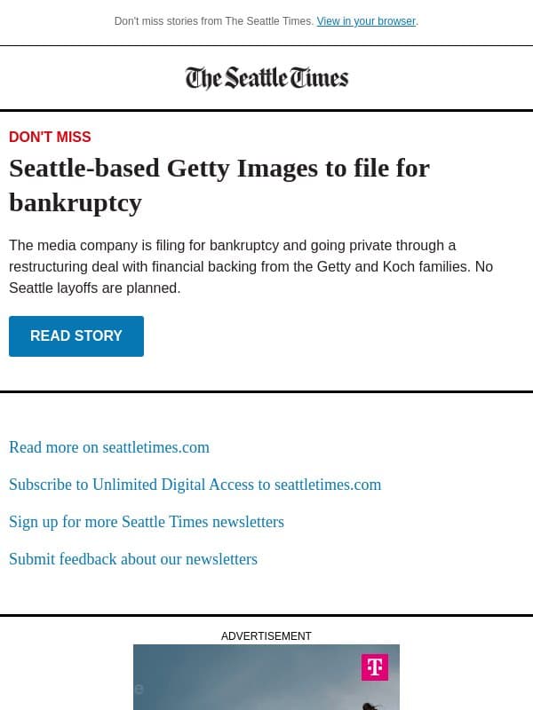 Getty Images to file for bankruptcy email from The Seattle Times