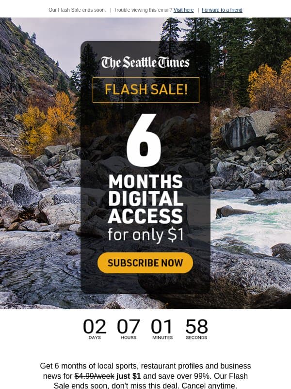 Happening now: $1 for 6 months of digital access. email from The Seattle Times