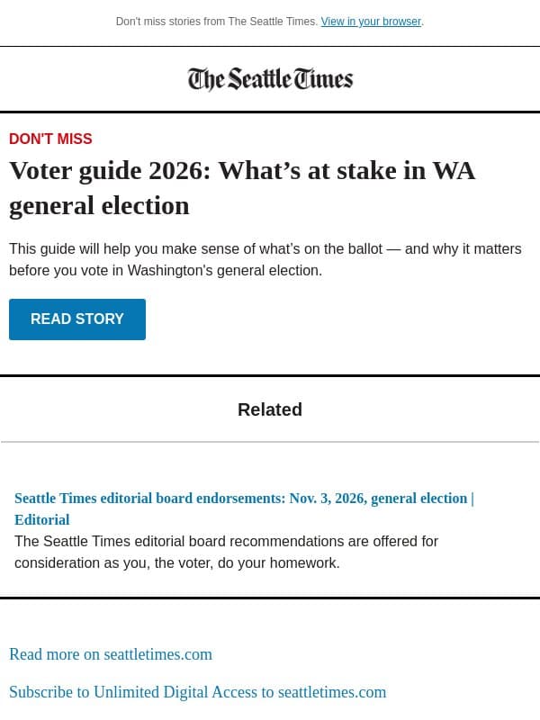 WA voter guide 2026 email from The Seattle Times