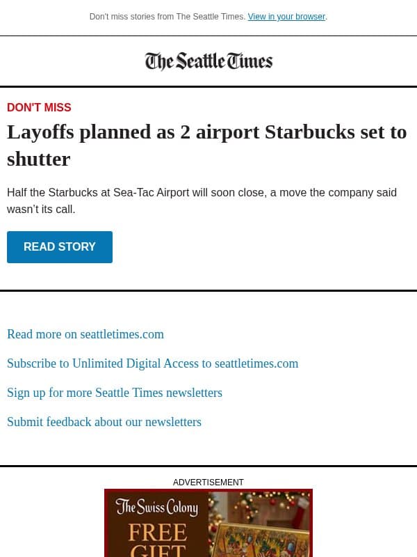 2 Starbucks to close at Sea-Tac email from The Seattle Times