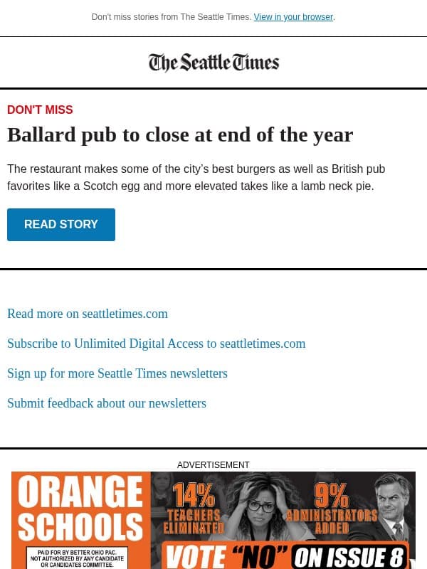 Ballard pub to close at end of the year email from The Seattle Times