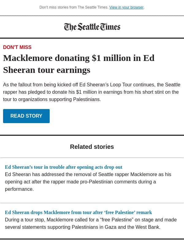 Macklemore donating Ed Sheeran tour earnings email from The Seattle Times