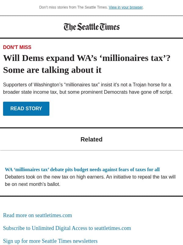 Will Dems expand WA’s ‘millionaires tax’? email from The Seattle Times