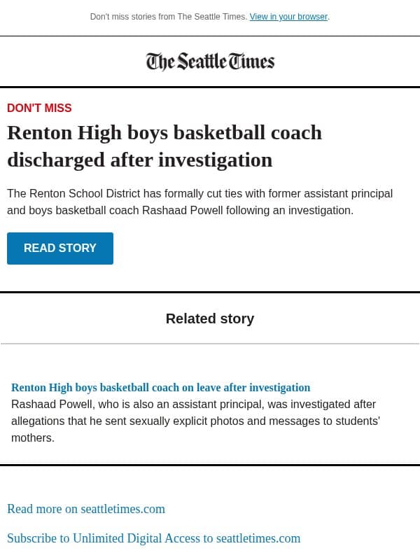 Renton High boys basketball coach discharged email from The Seattle Times