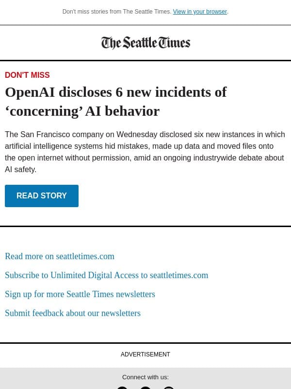 OpenAI discloses ‘concerning’ AI behavior email from The Seattle Times