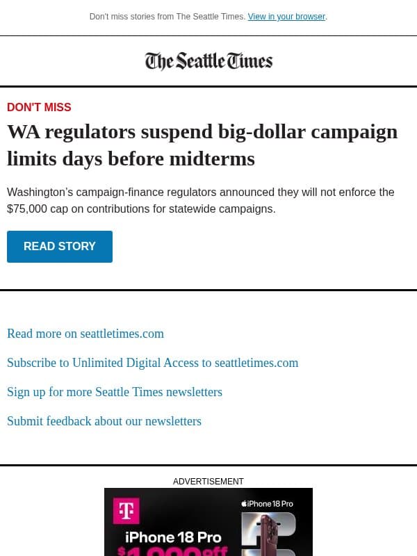 WA regulators lift campaign donation limits email from The Seattle Times