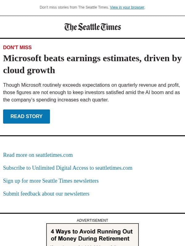 Microsoft beats earnings estimates email from The Seattle Times