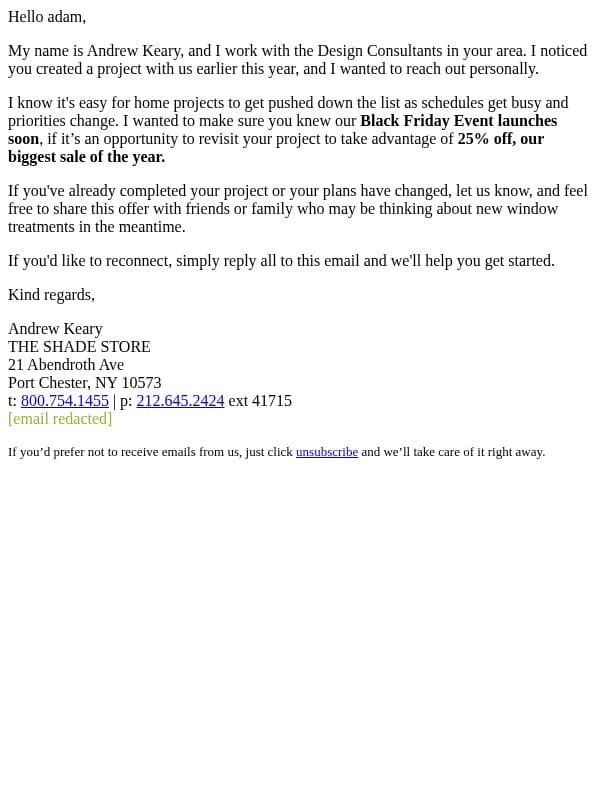 Black Friday Sale Is Coming. Let's Revisit Your Project email from The Shade Store screenshot