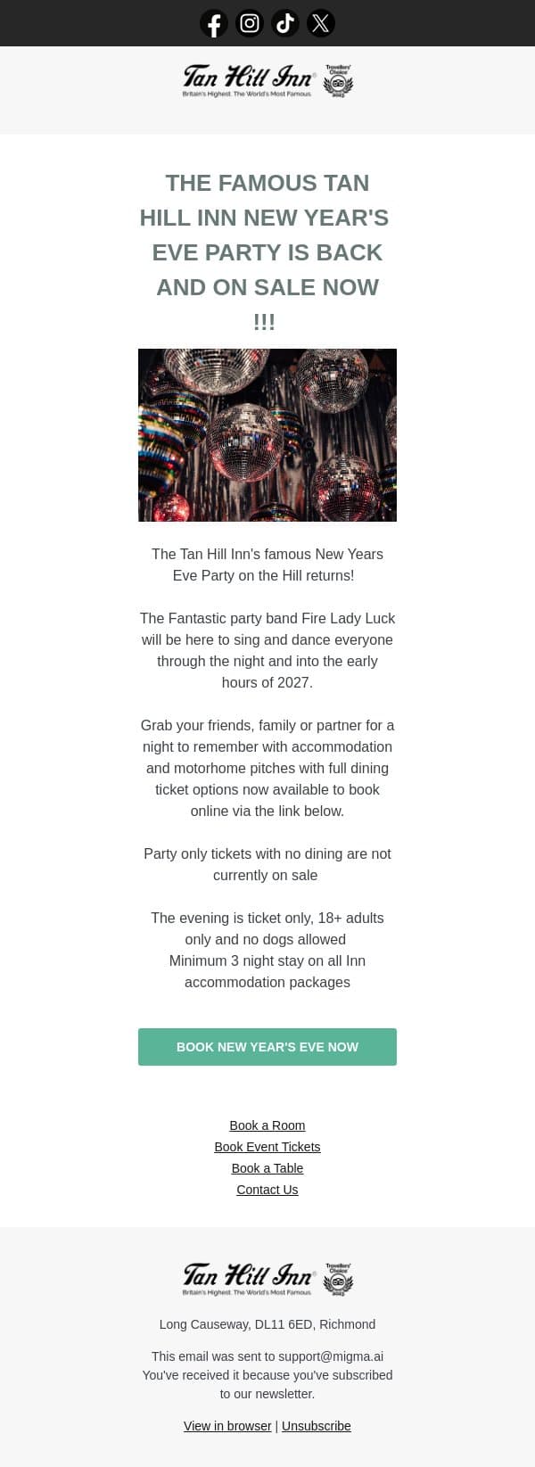 Celebrate New Year's Eve at Tan Hill! email from The Tan Hill Inn screenshot