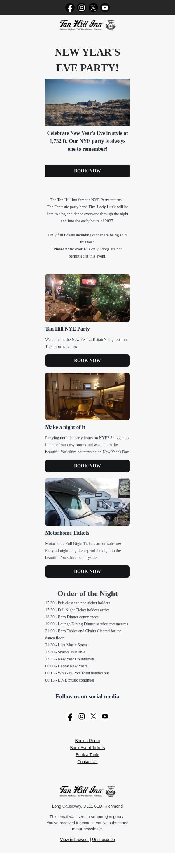 New Year's Eve Party at Britain's Highest Inn email from The Tan Hill Inn screenshot