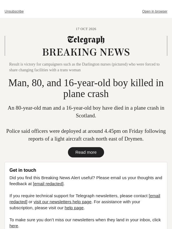 Man, 80, and 16-year-old boy killed in plane crash email from The Telegraph