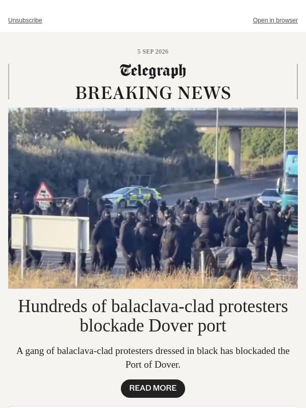 Hundreds of balaclava-clad protesters blockade Dover port email from The Telegraph