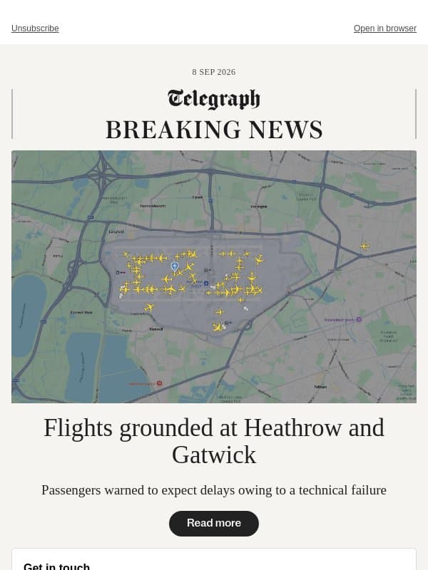 Flights at Heathrow and Gatwick grounded email from The Telegraph