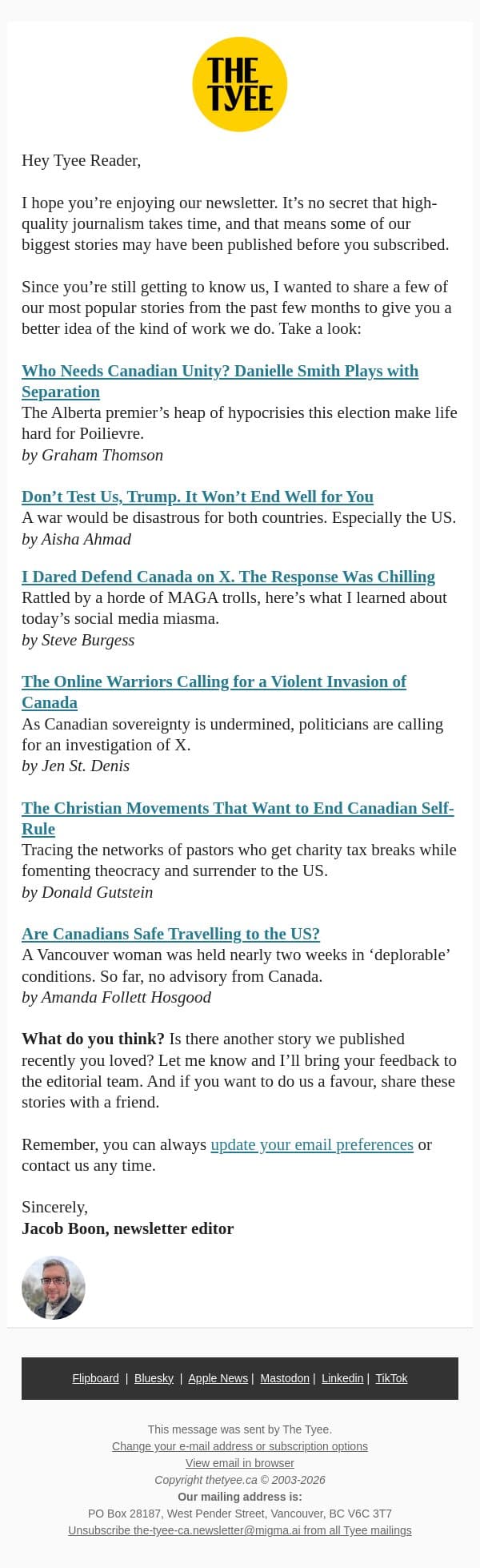 Don’t miss these big stories email from The Tyee screenshot