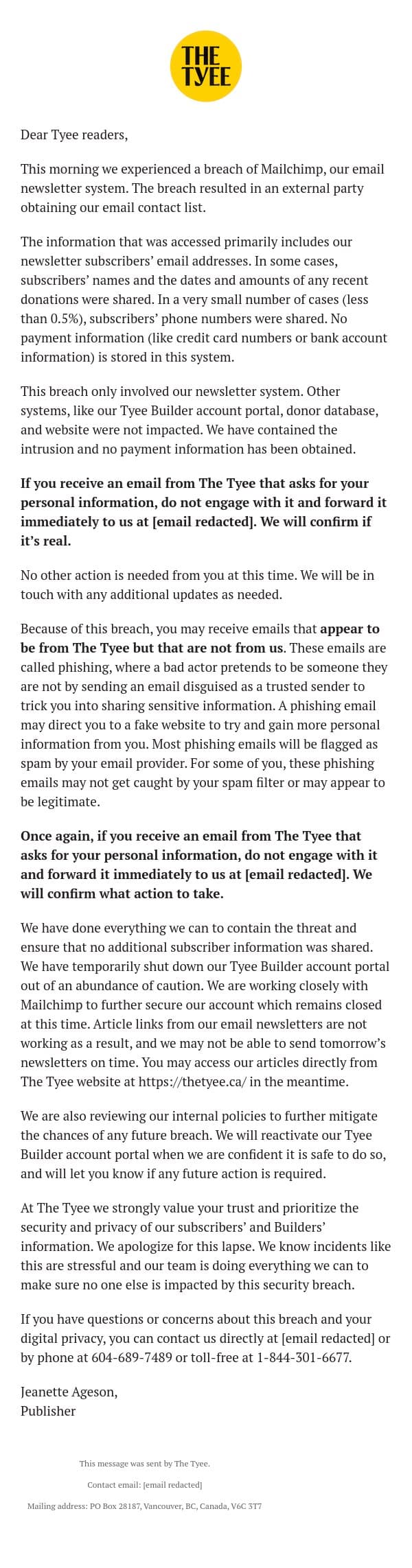 Notice: Our email system was recently breached email from The Tyee screenshot