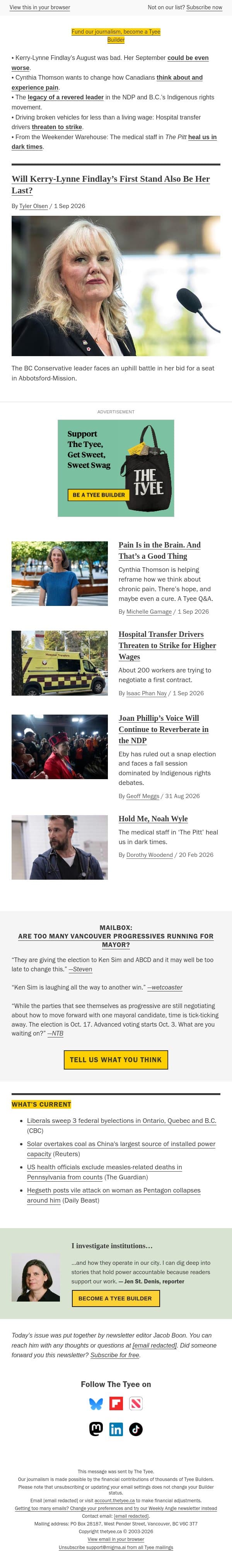 Will Findlay’s first stand also be her last? email from The Tyee screenshot