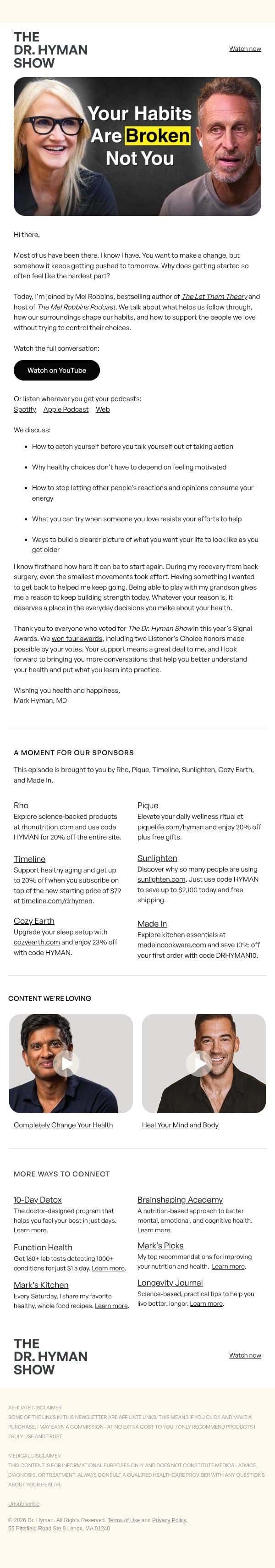 Mel Robbins on Making Healthy Changes Stick email from The UltraWellness Center screenshot