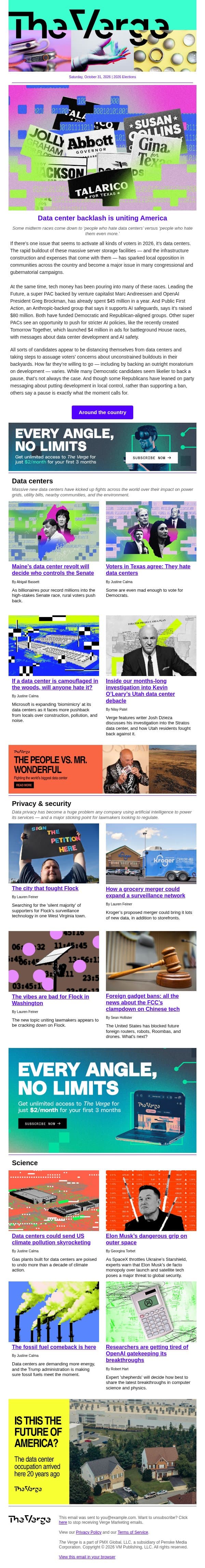 Data center backlash is uniting America email from The Verge screenshot