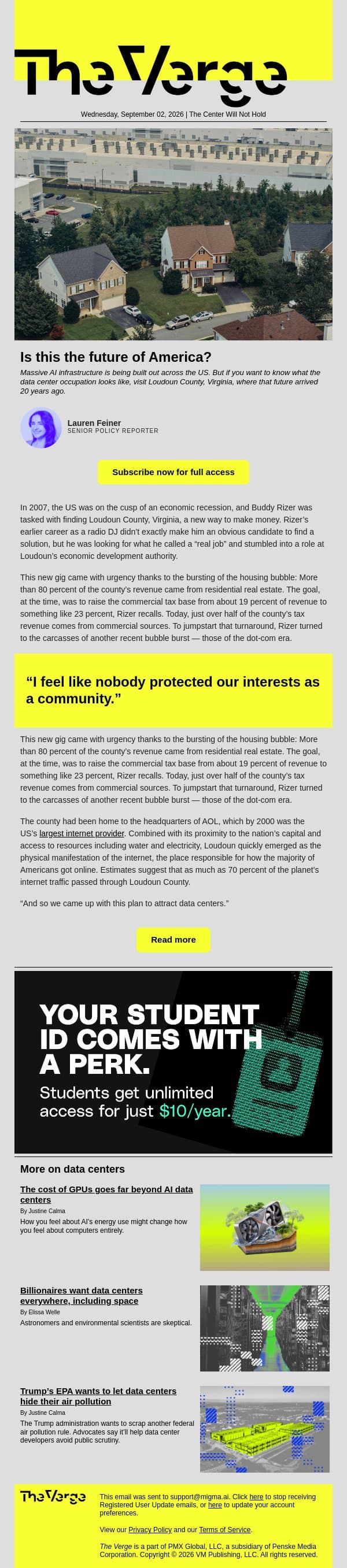 Your data center future is this county's past email from The Verge screenshot