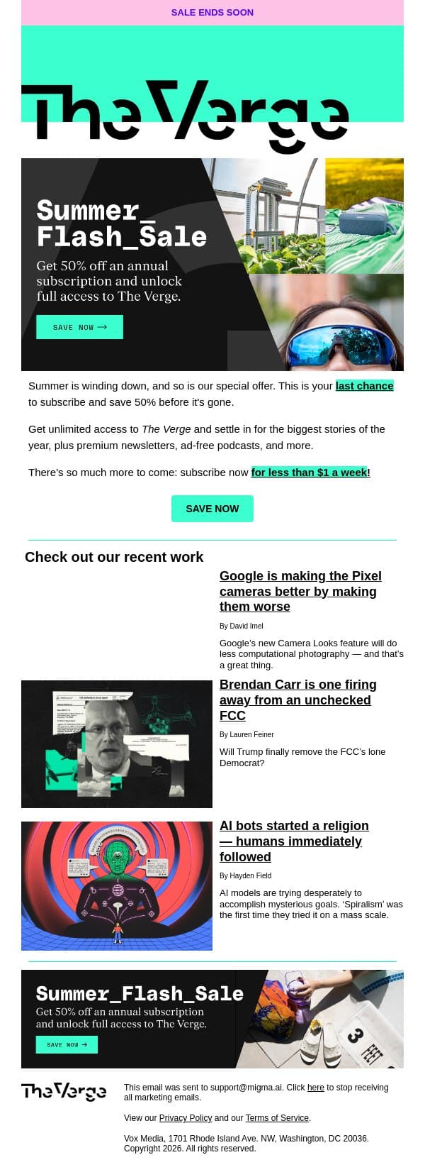 Last chance to save 50% email from The Verge screenshot