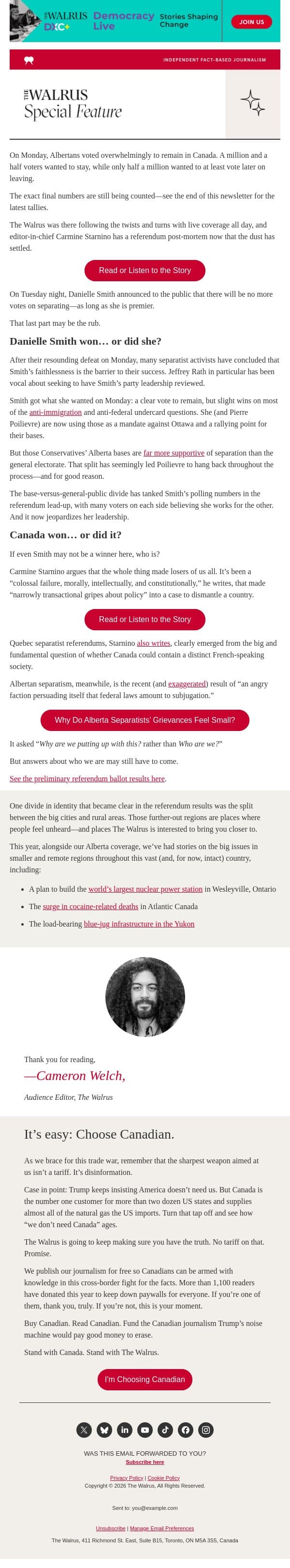 Alberta separatism is over… or is it? email from The Walrus screenshot
