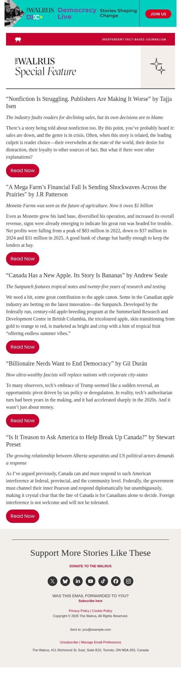 Most-Read Articles of October email from The Walrus screenshot