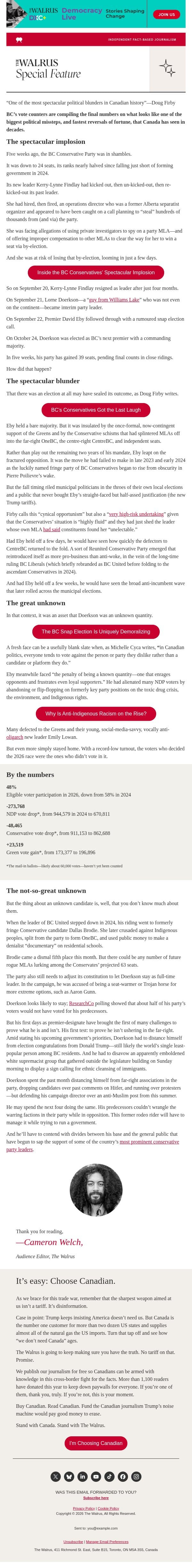 BC’s political fortunes flipped in 5 weeks email from The Walrus screenshot