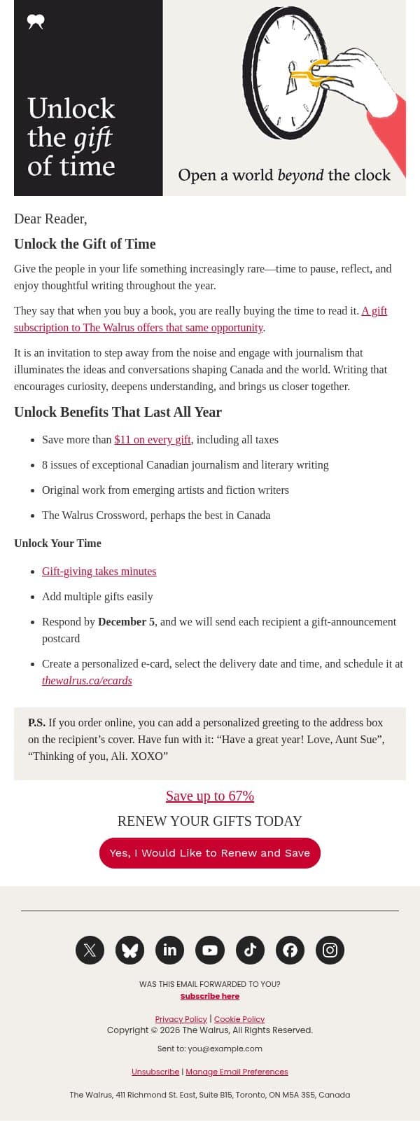 SPECIAL OFFER: Give The Gift of Reading email from The Walrus screenshot