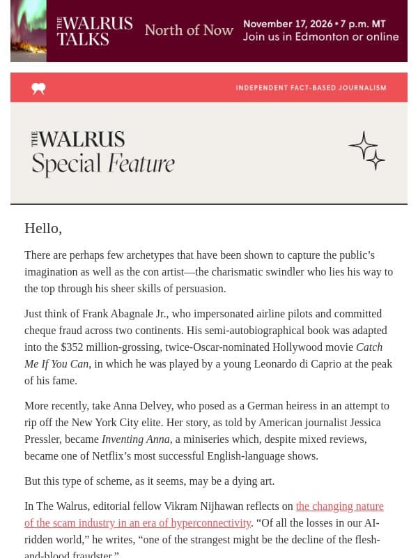 What happened to the good old con artist? email from The Walrus