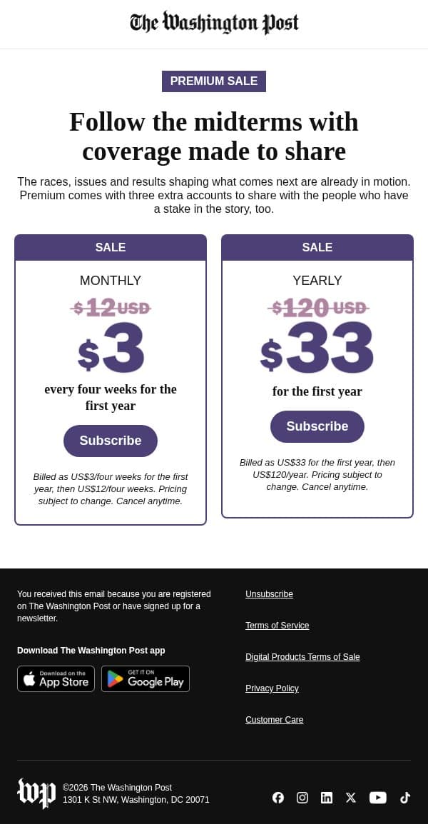 Premium savings start now email from The Washington Post screenshot
