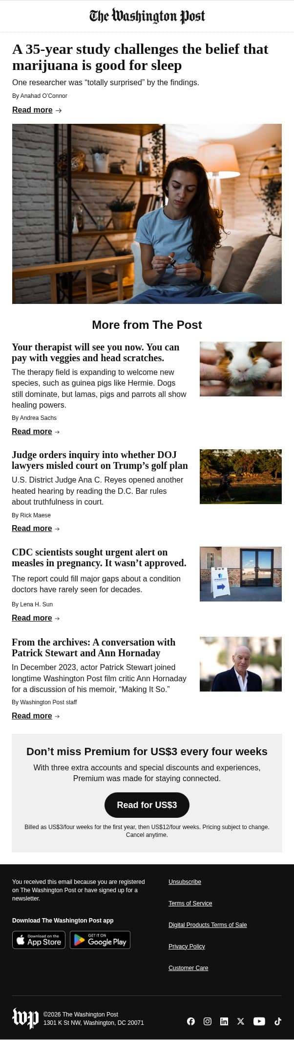 A 35-year study challenges the belief that marijuana is good for sleep email from The Washington Post screenshot