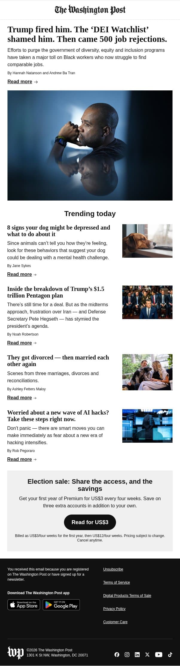 Trump fired him. The ‘DEI Watchlist’ shamed him. Then came 500 job rejections. email from The Washington Post screenshot