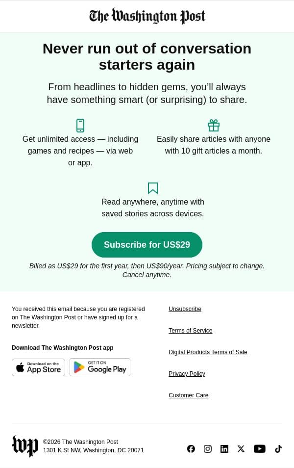 Unlock all of The Post for US$29 for the first year email from The Washington Post screenshot