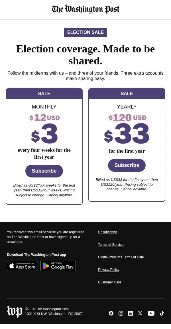 The election countdown is on. Subscribe for US$3 every four weeks. email from The Washington Post screenshot