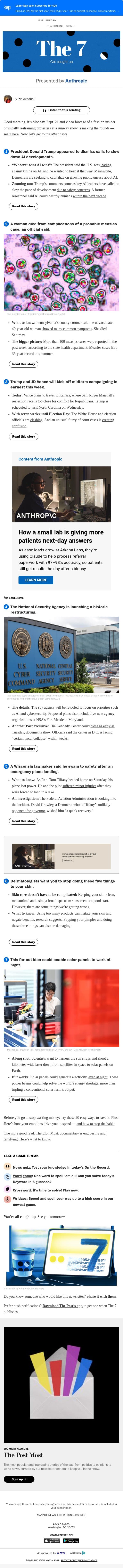The 7: Trump backs AI; five things you should stop doing to your skin; a far-out solar idea; and more email from The Washington Post screenshot