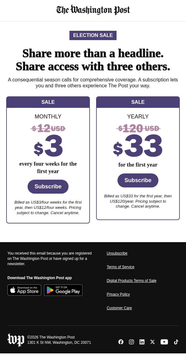 Get The Post for US$3 every four weeks for the first year email from The Washington Post screenshot