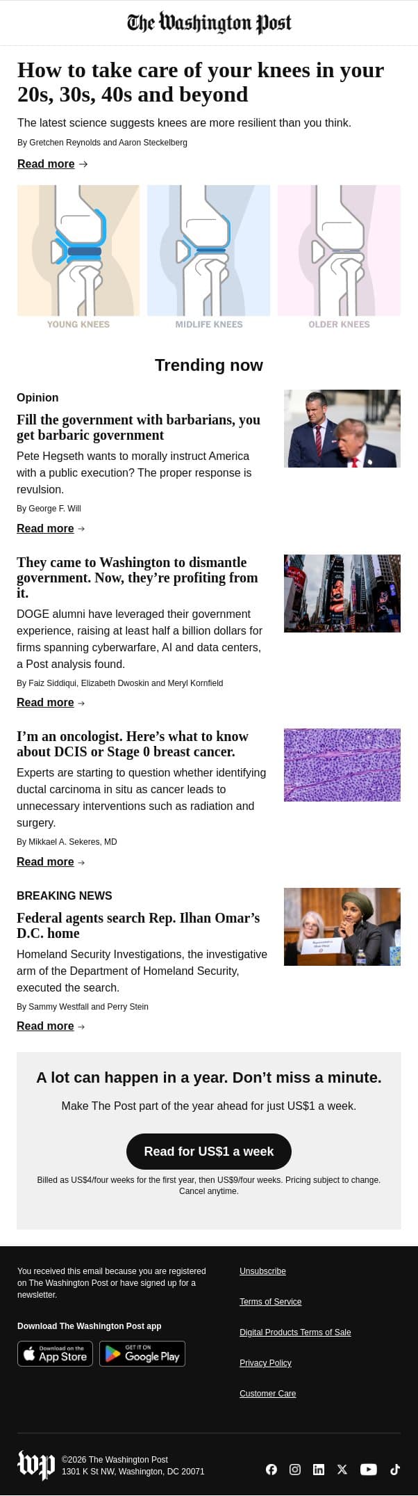How to take care of your knees in your 20s, 30s, 40s and beyond email from The Washington Post screenshot