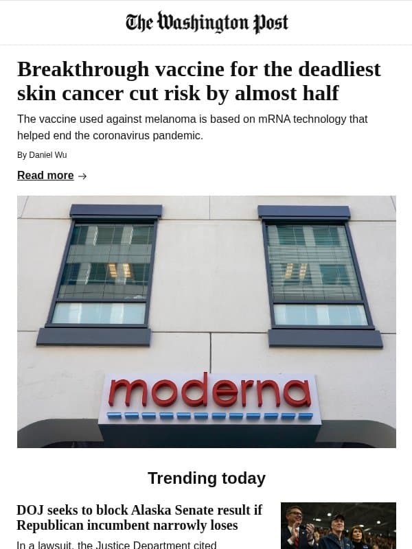 Breakthrough vaccine for the deadliest skin cancer cut risk by almost half email from The Washington Post