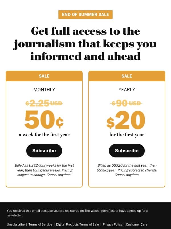 Savings are here: US50¢ a week for the first year email from The Washington Post