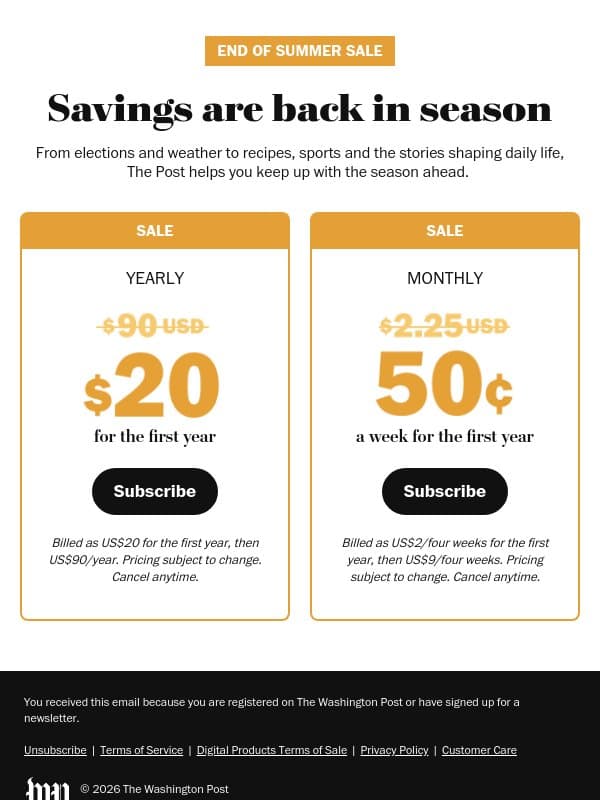 US$20 for your first year of The Post email from The Washington Post