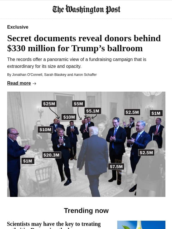 Secret documents reveal donors behind $330 million for Trump’s ballroom email from The Washington Post
