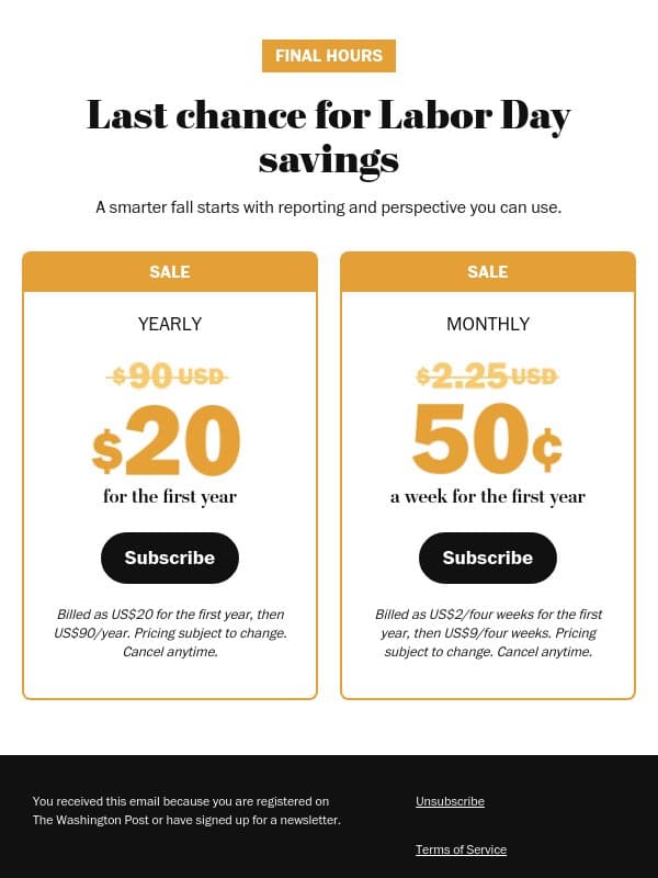 Sale ends tonight. US$20 for the first year. email from The Washington Post