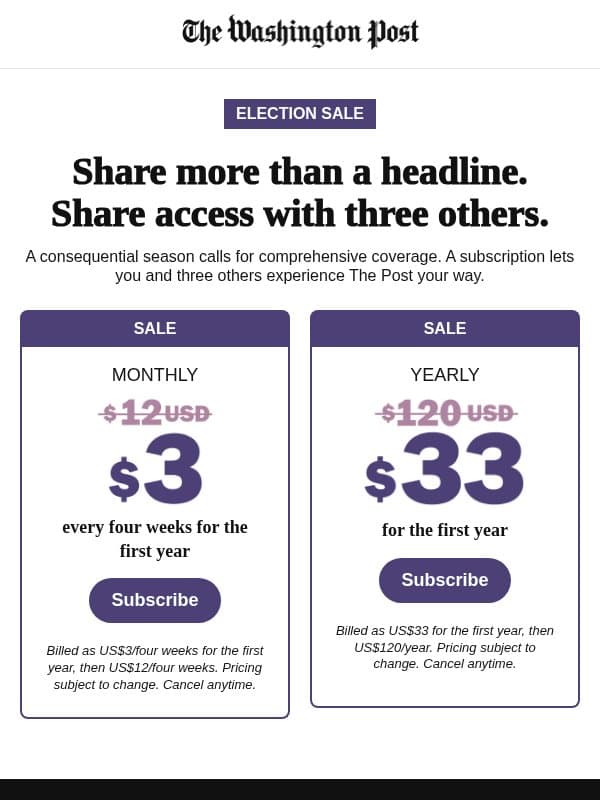 Get The Post for US$3 every four weeks for the first year email from The Washington Post