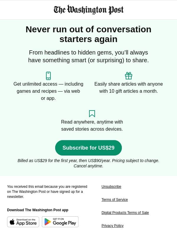 Unlock all of The Post for US$29 for the first year email from The Washington Post