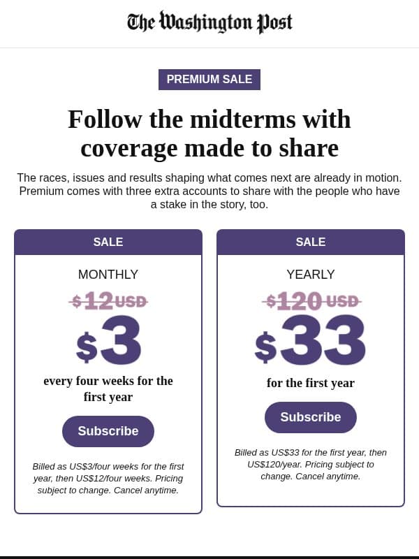 Premium savings start now email from The Washington Post